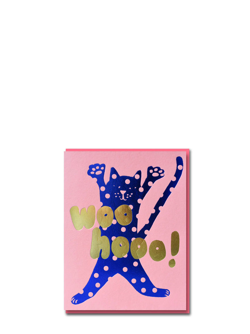 Card with a blue cat illustration and 'woohoo!' text on a pink background