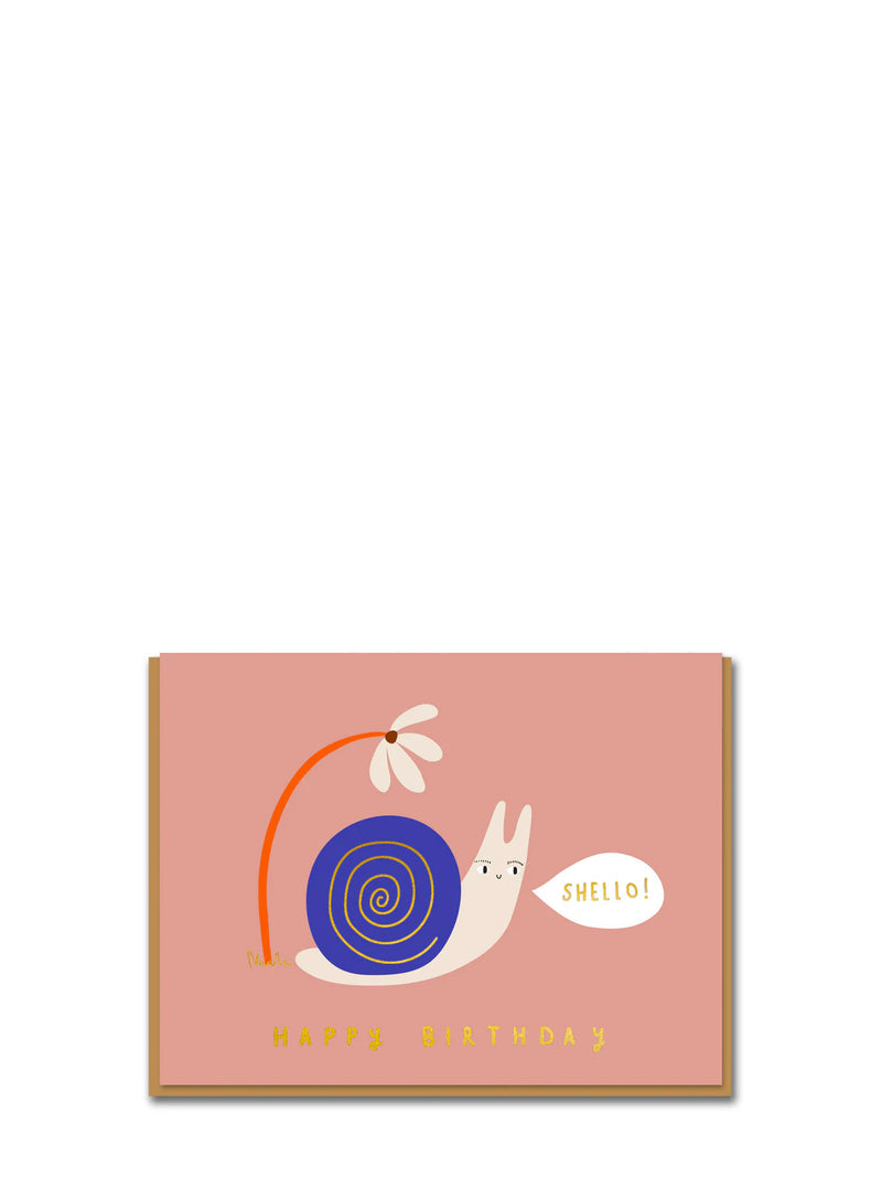 Birthday card with a snail and flower design on a pink background