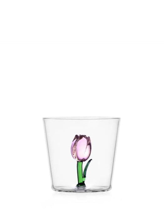 Clear glass with a pink tulip design on a white background