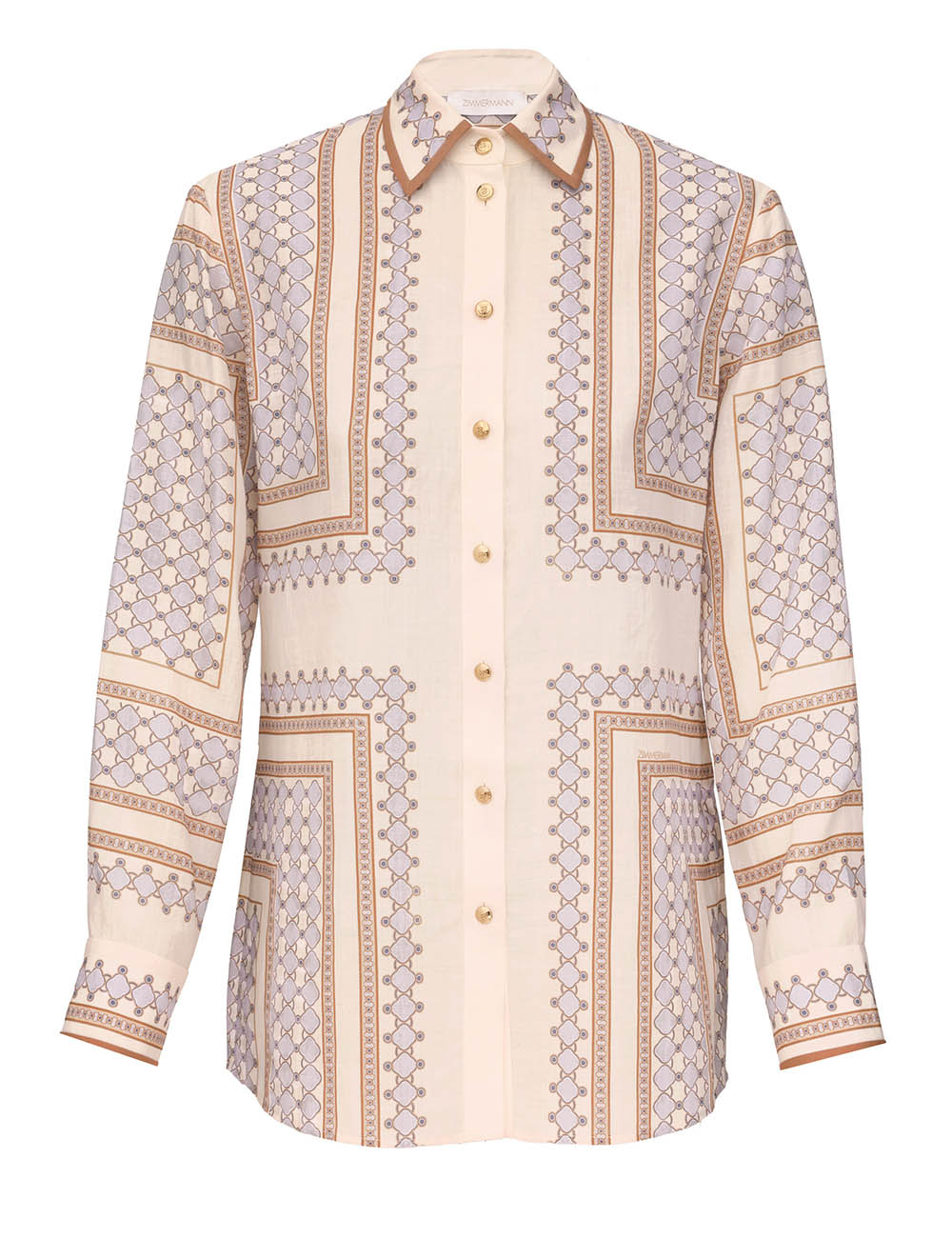 Fitted geometric print ramie shirt, cream-navy