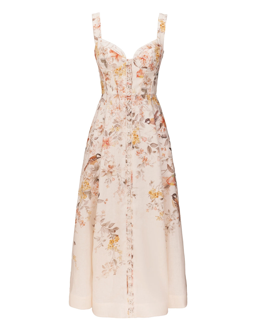 Luna buttoned picnic linen dress, cream-songbird multicolour