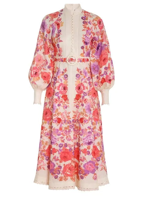 Raie billow sleeve linen midi dress, floral