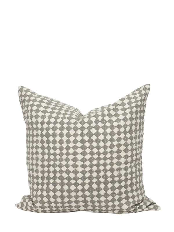 A grey cushion cover with a geometric triangle print, displayed on a plain background.