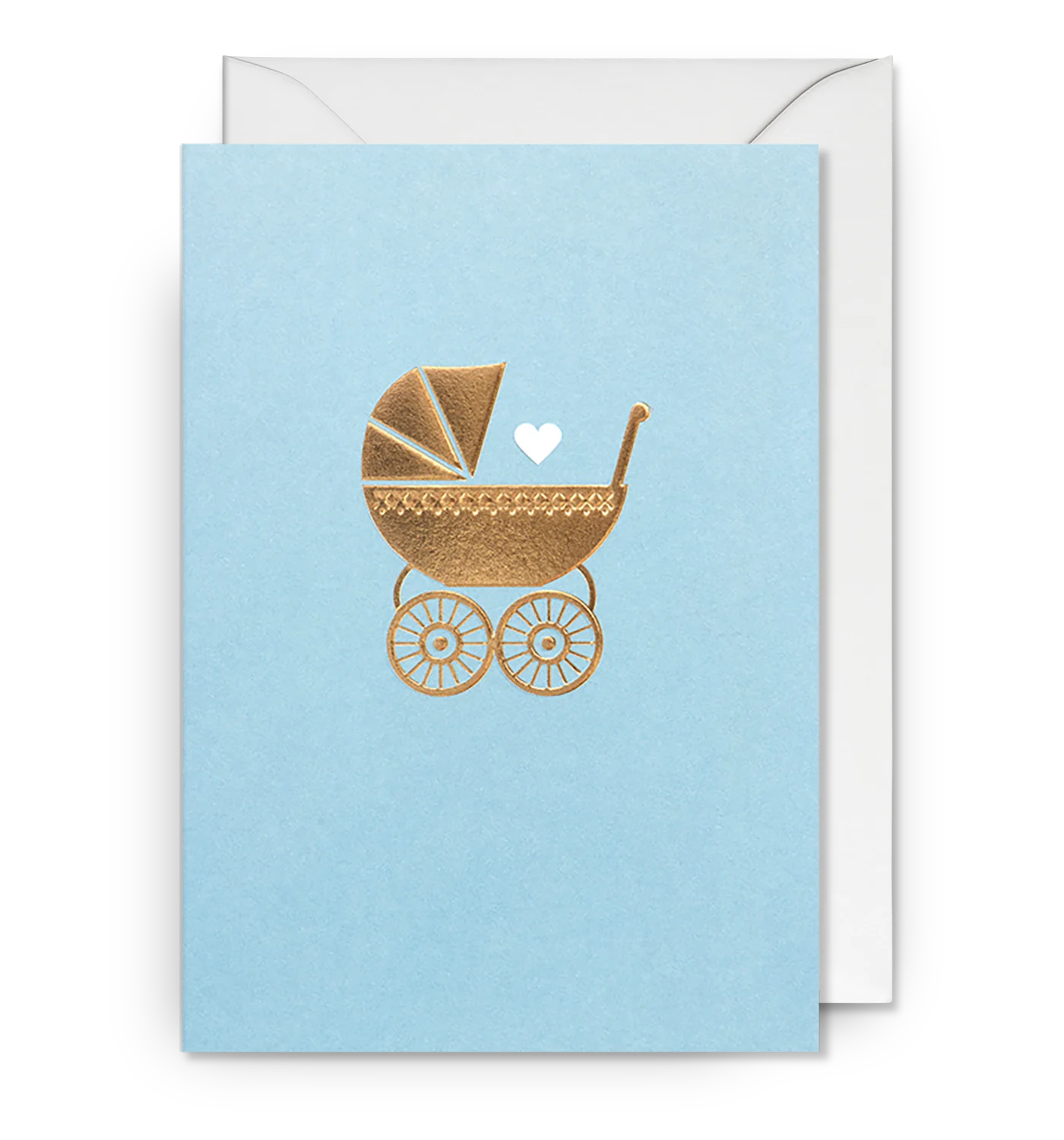 A pastel blue greeting card with a golden embossed illustration of a vintage baby pram and a heart, accompanied by its white envelope.