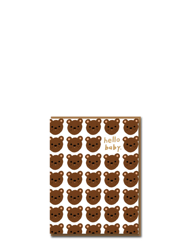 Card full of brown bears with 'hello baby' text on a white background