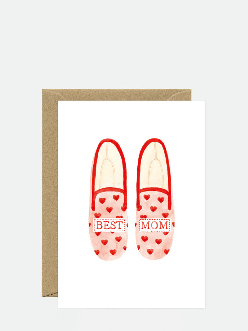 Greeting card with illustration of red shoes and 'Best Mom' text on a white background