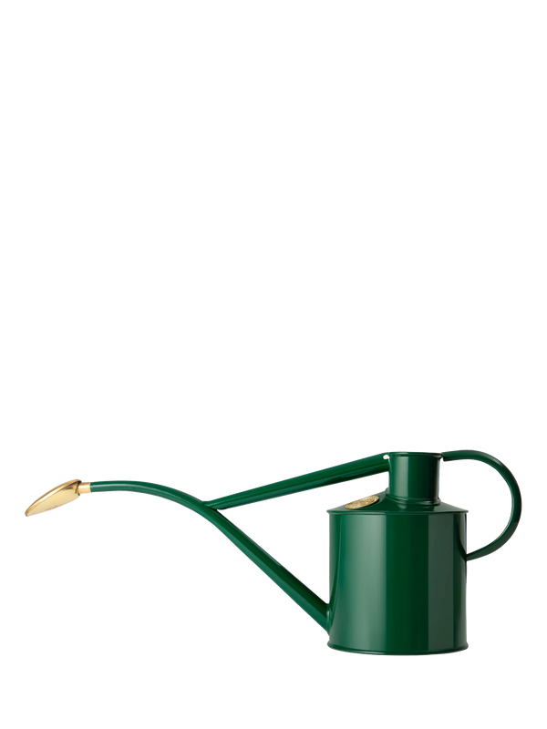 Green watering can with a gold spout on a white background