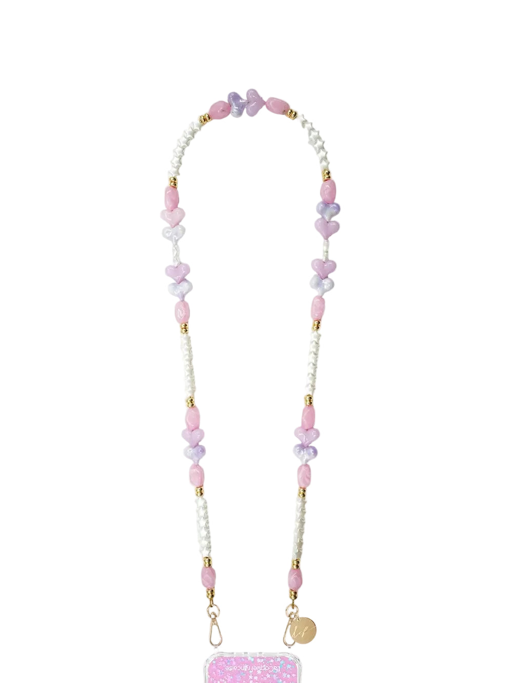 Necklace with pink and purple beads on a white background