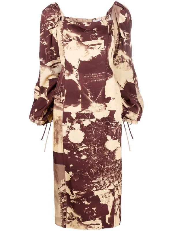 Scene-print square-neck dress, brown-yellow print