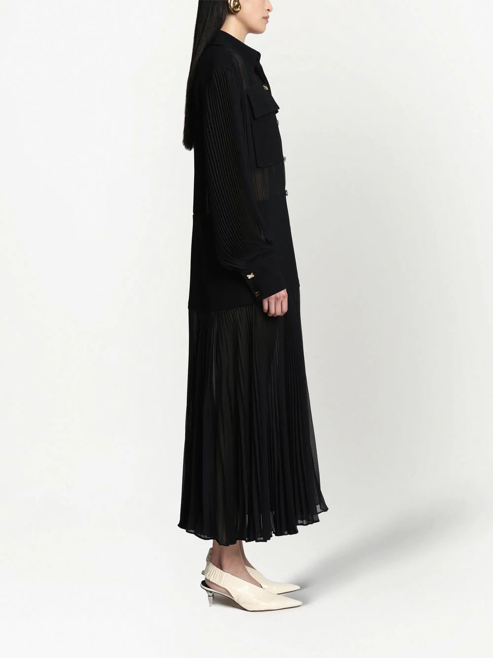 Sheer Pleated Flou Dress, Black