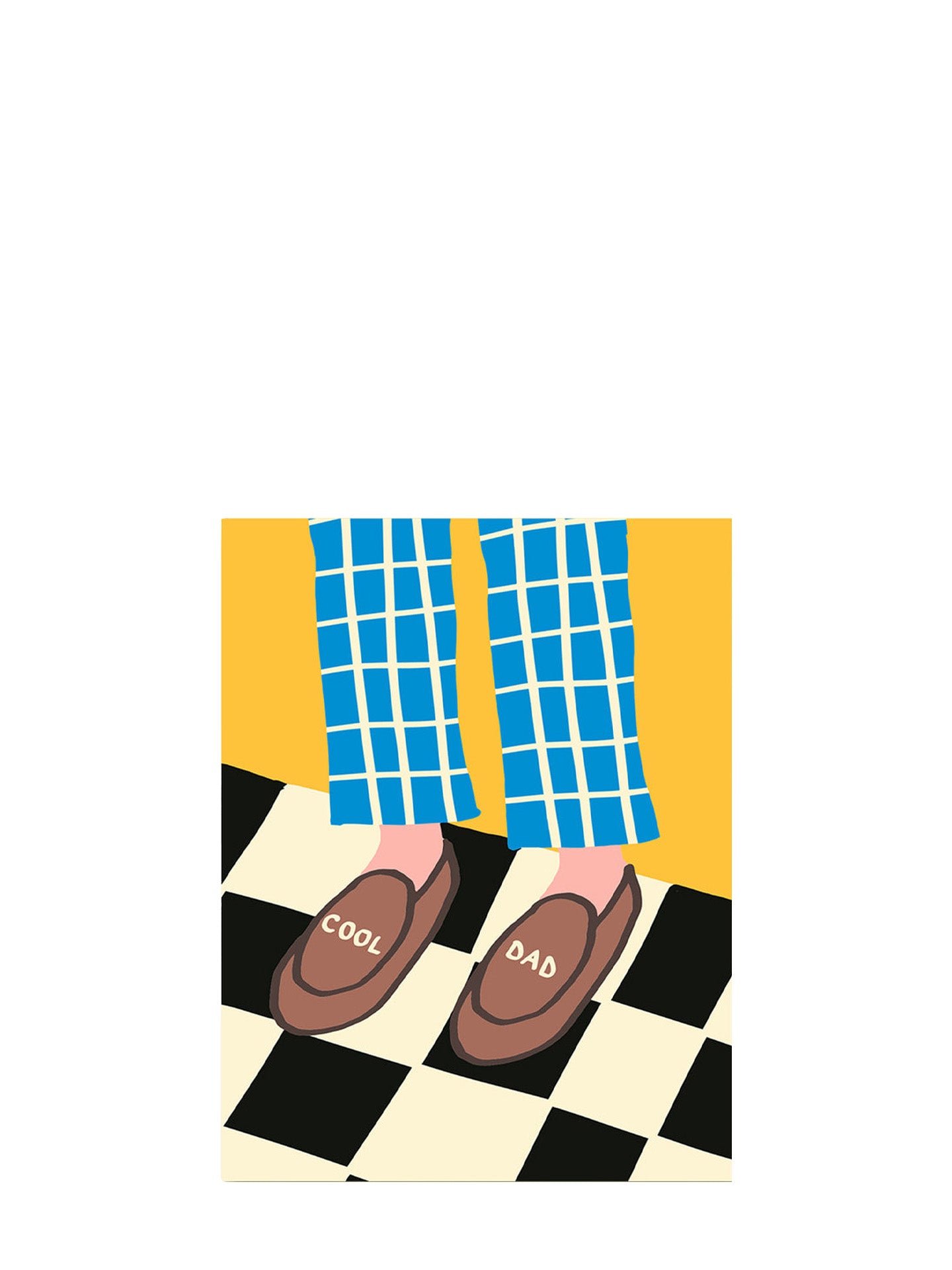 Illustration of a person wearing blue checkered pants and brown shoes with 'COOL DAD' text on a checkered floor.