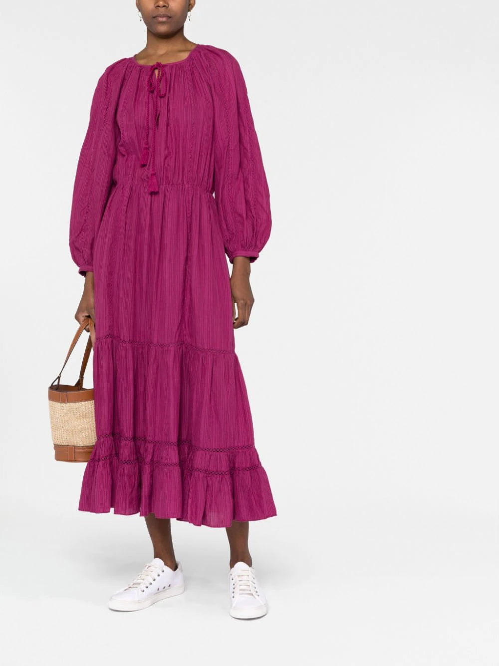 Latifa keyhole tiered midi dress, magenta