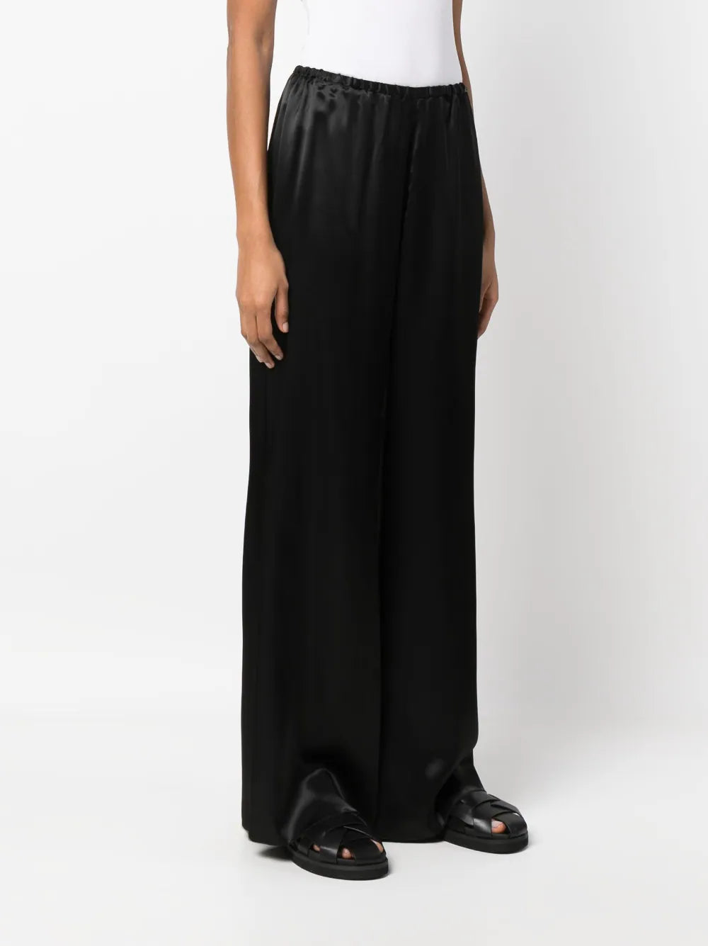 Shining satin elasticated flare pants, black