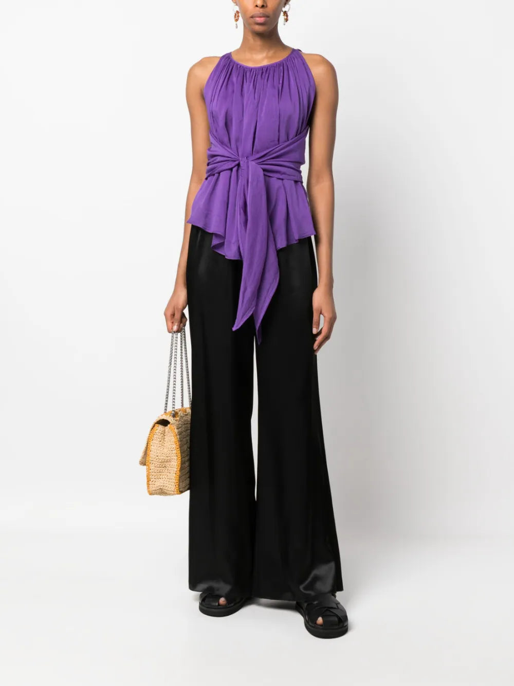 Shining satin elasticated flare pants, black