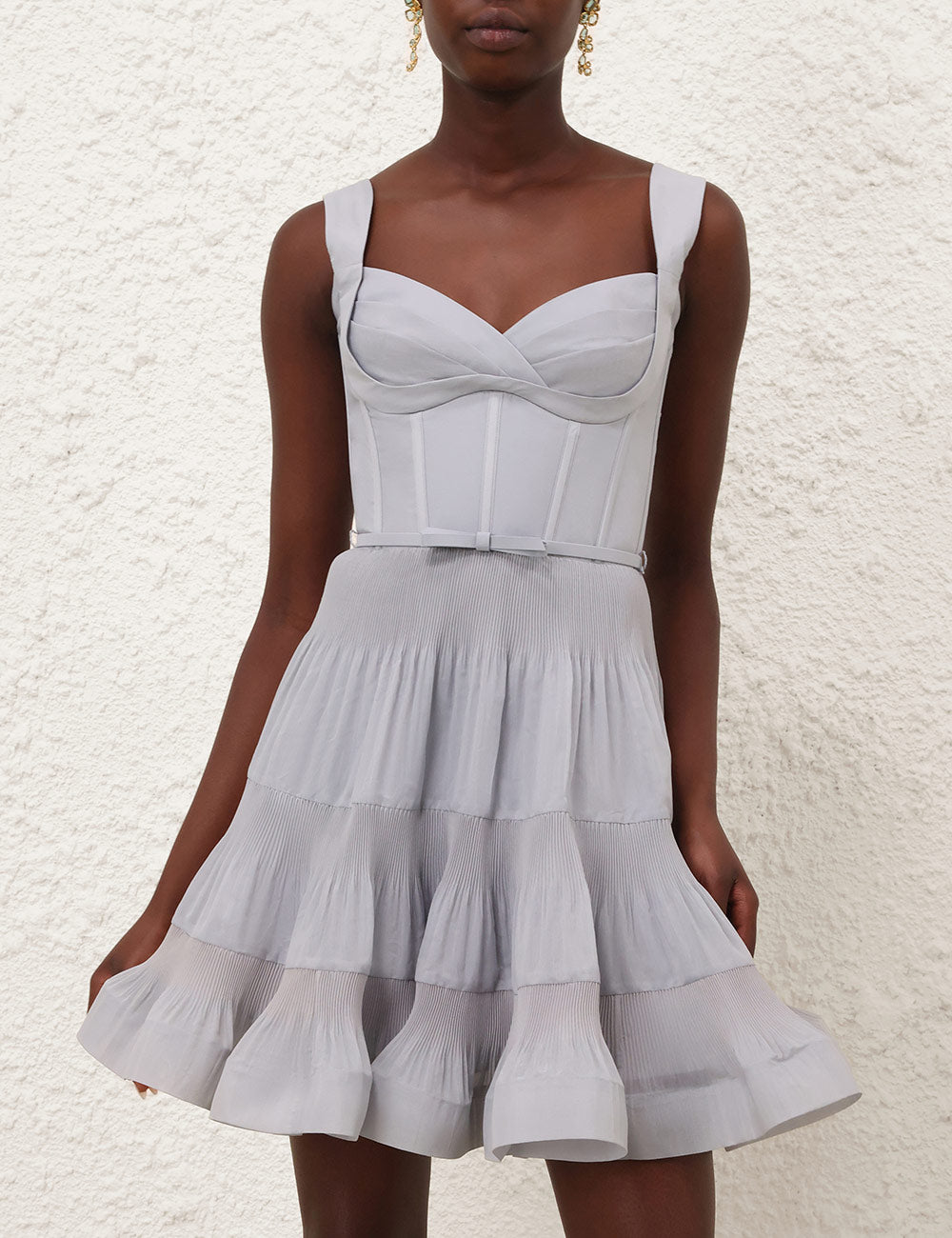 Pleated draped mini dress, steel blue