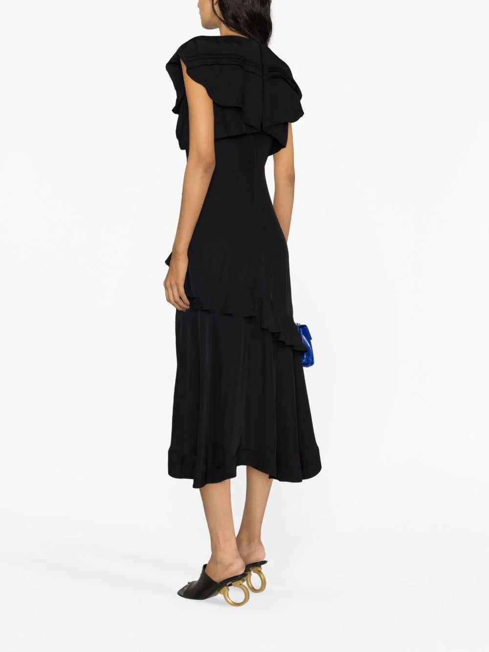 RUFFLE OVERLAY MIDI DRESS, black