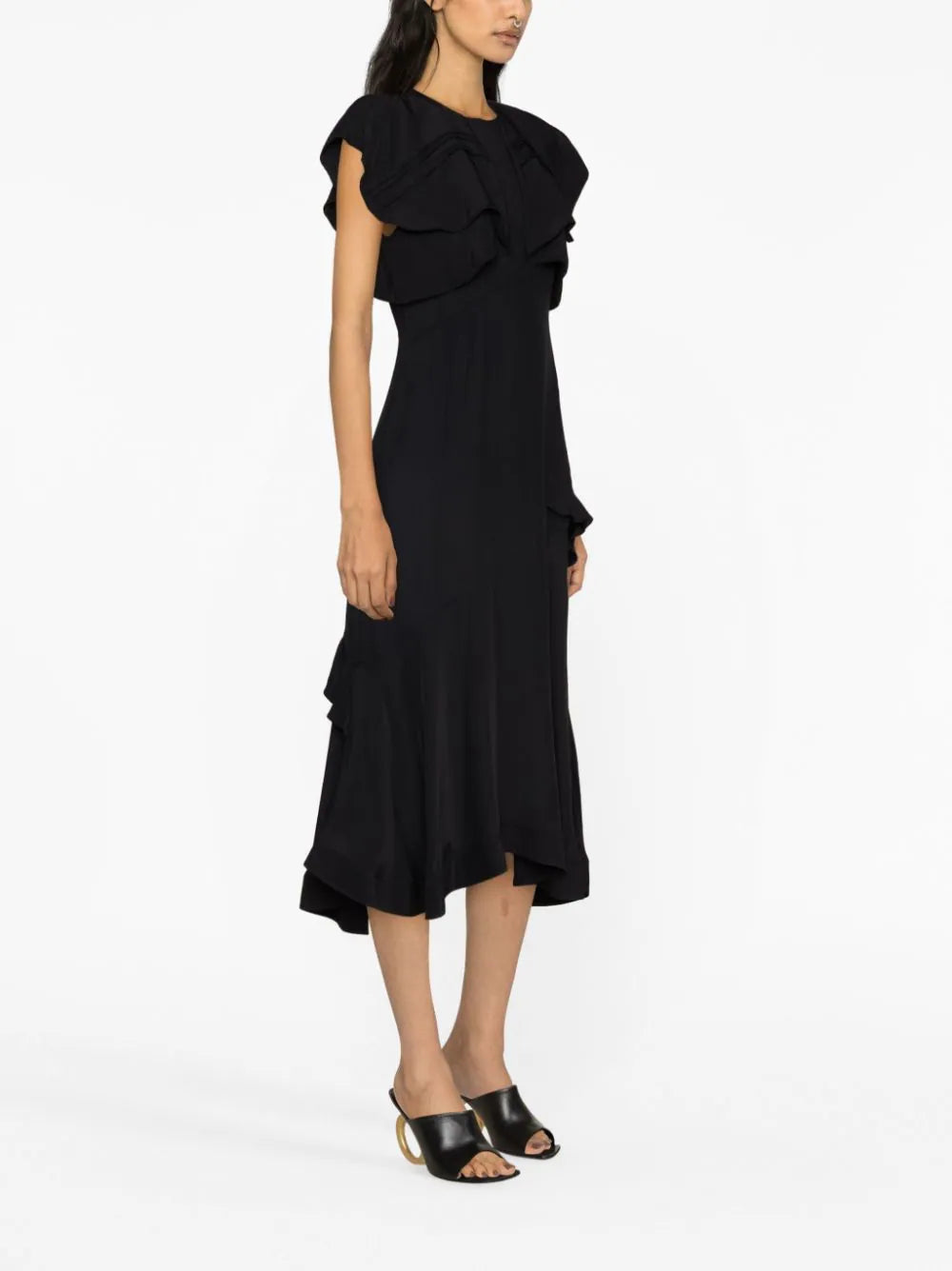 RUFFLE OVERLAY MIDI DRESS, black