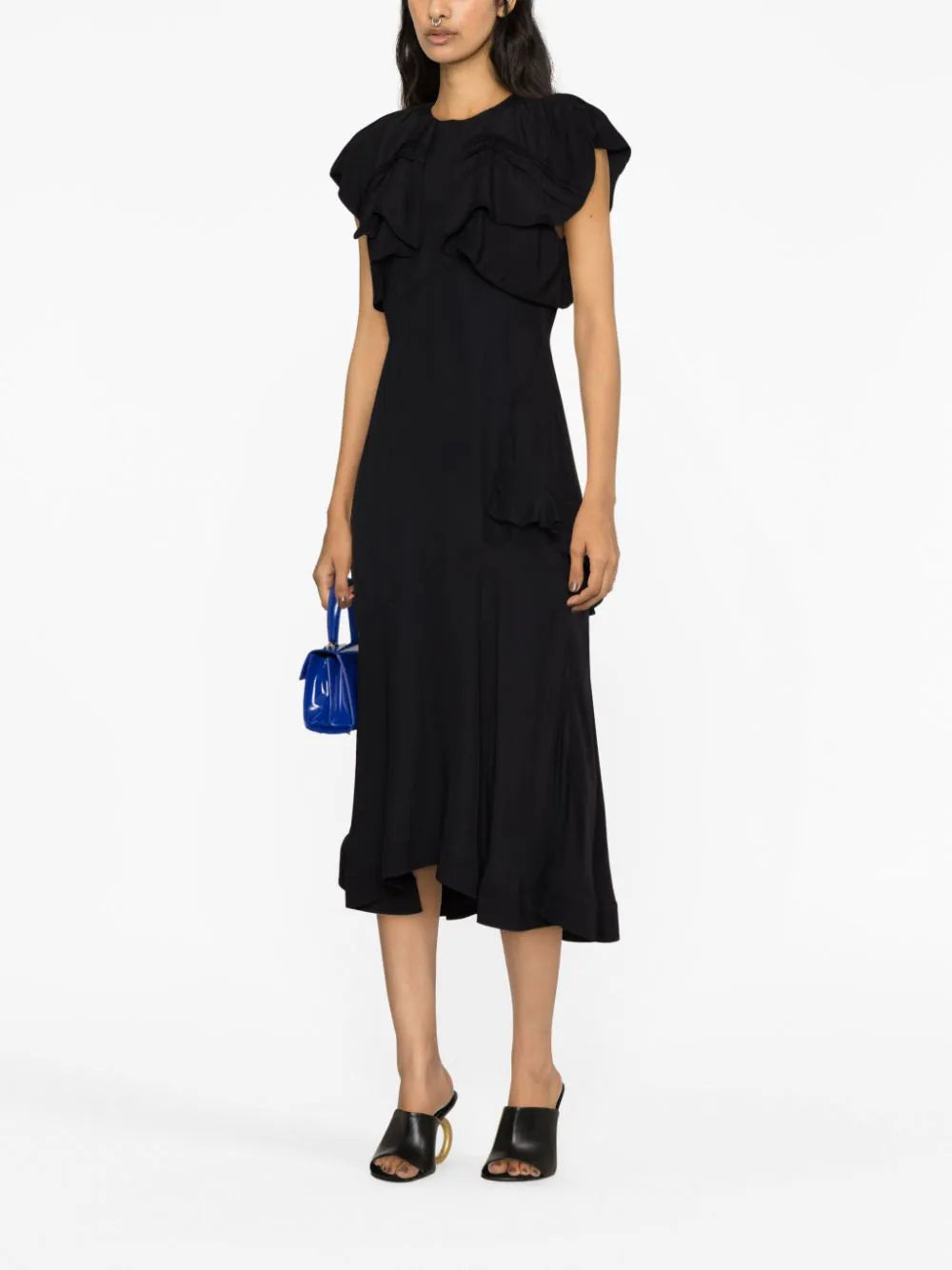 RUFFLE OVERLAY MIDI DRESS, black