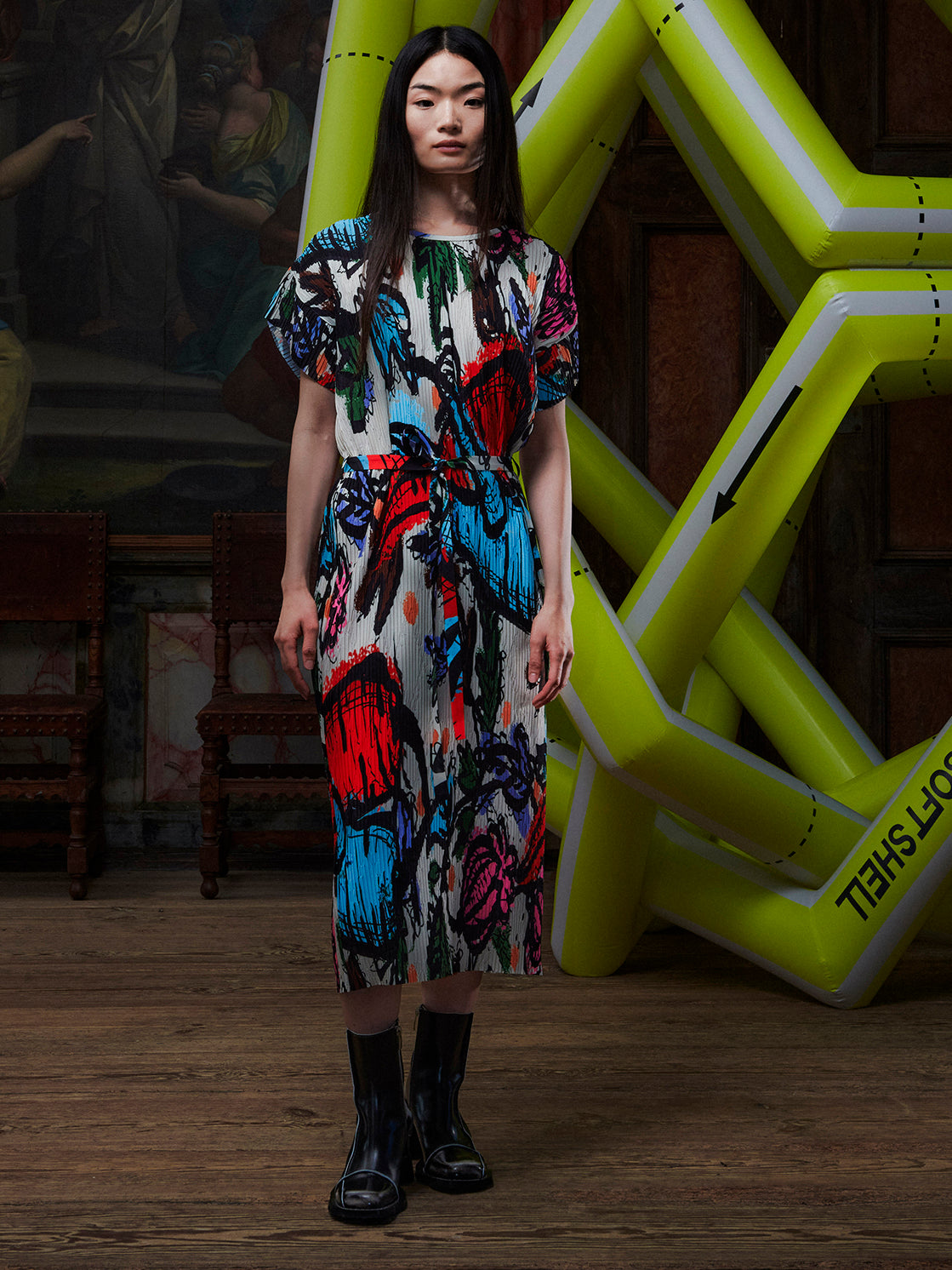 New pina plissé dress, multicolour carrot print