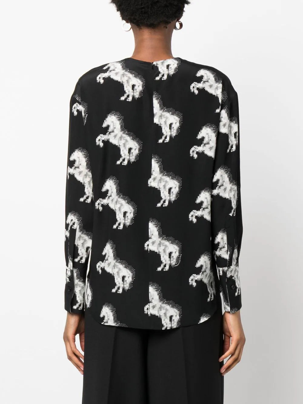 Pixel horses silk shirt, white-black