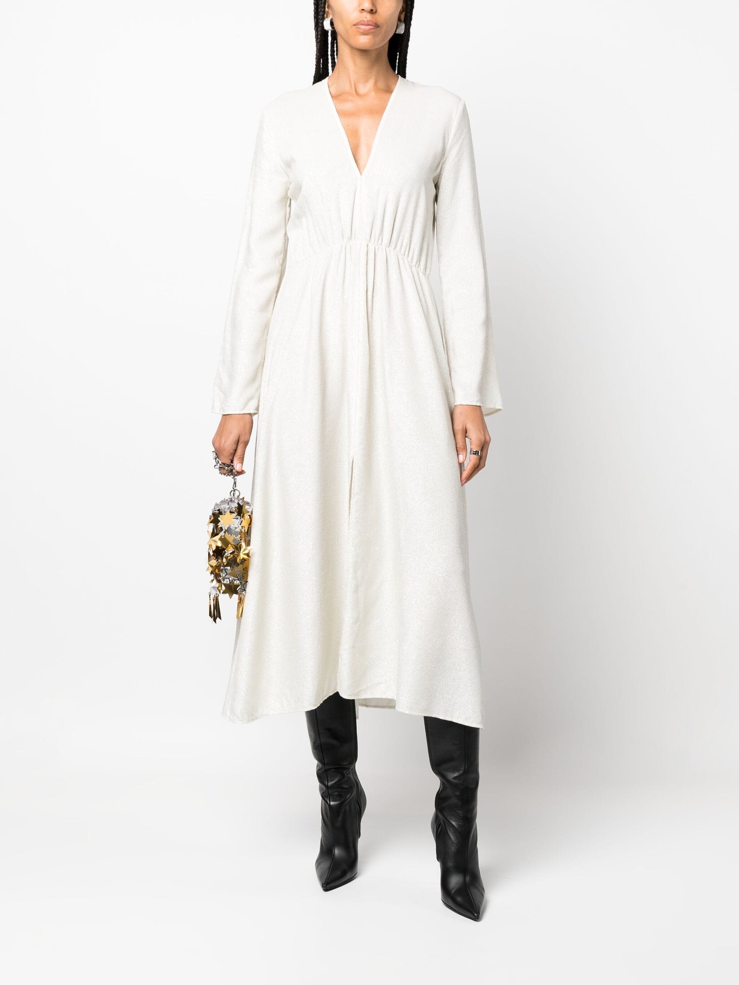 Long sleeves laminated velvet dress, platino