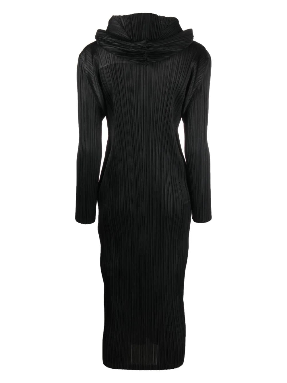 Pleated hooded long-sleeve midi dress, black