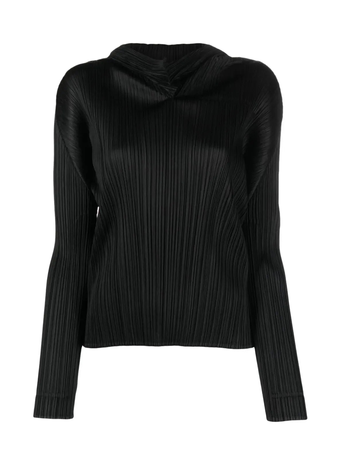 Pleated hooded long-sleeve top, black