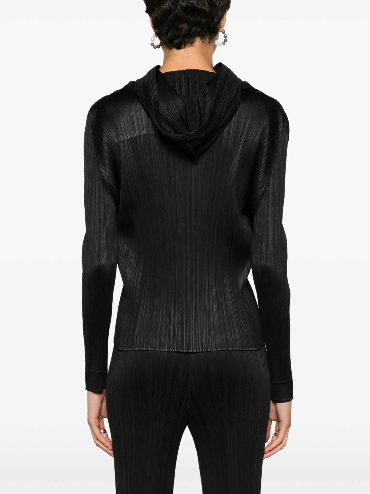 Pleated hooded long-sleeve top, black