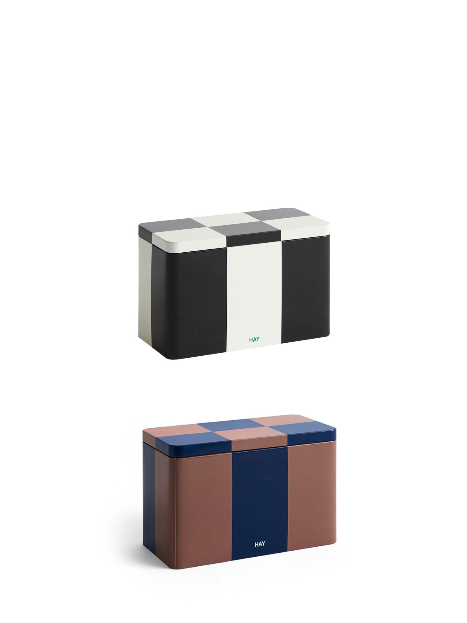 Tin M container, 2 colour combos