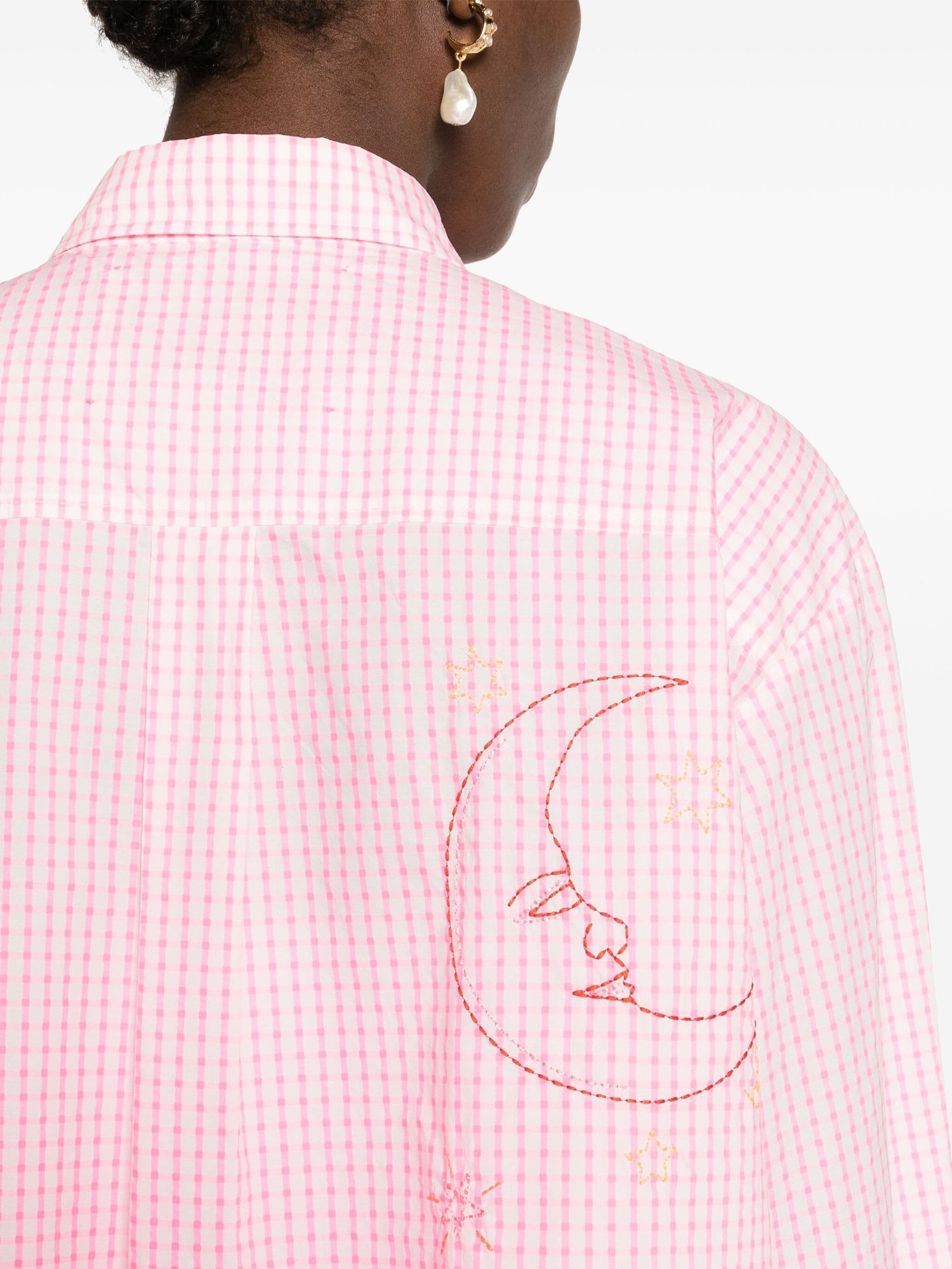Popline check shirt with embroidery, pink