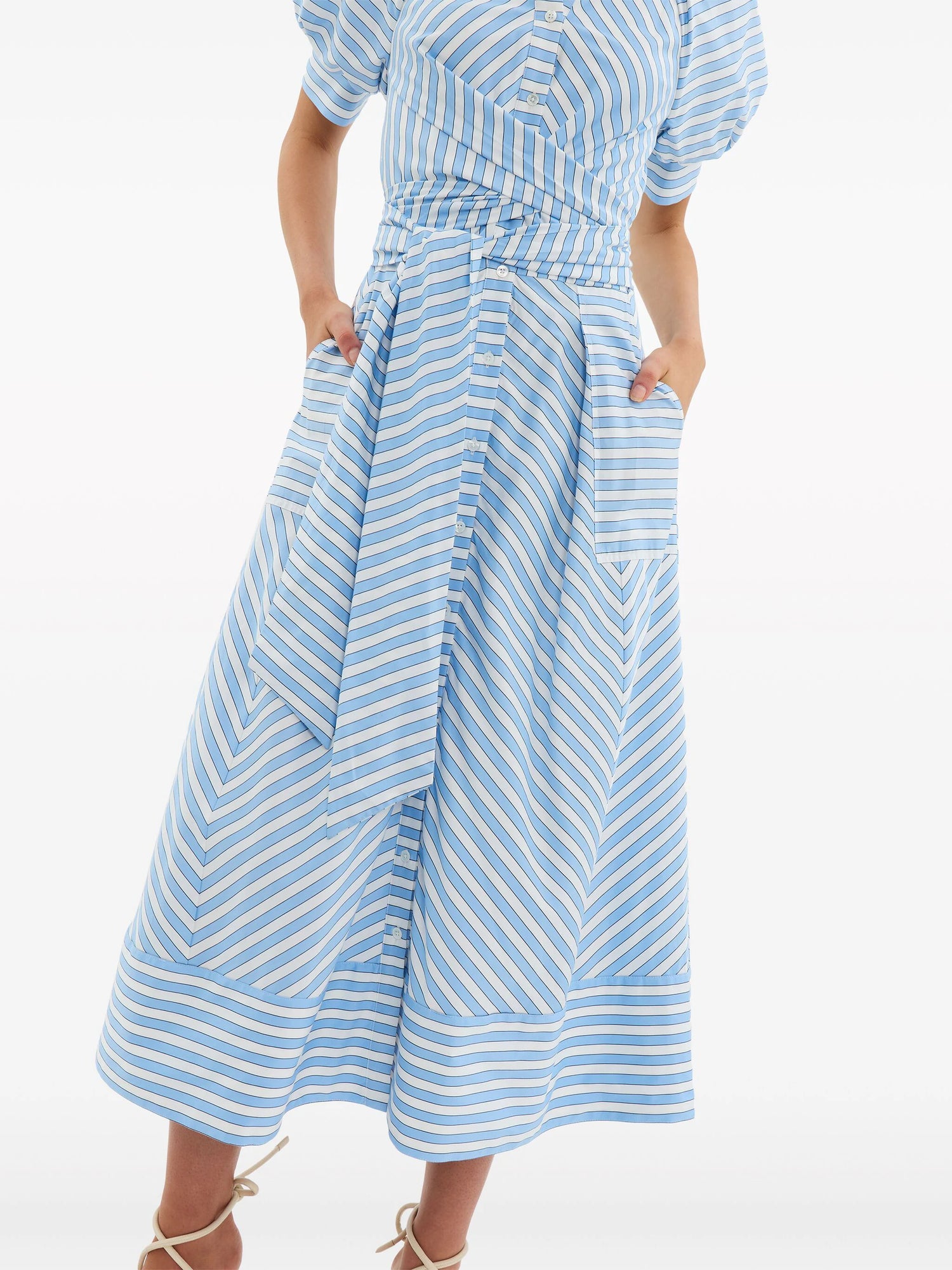 Ava Puff Sleeve Midi Dress, Blue Stripe