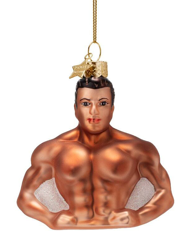 Tanned muscular man glass ornament