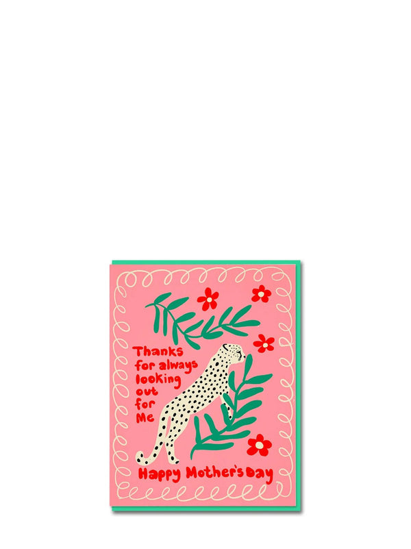 Mother's day card with cheetah design and floral elements on a white background