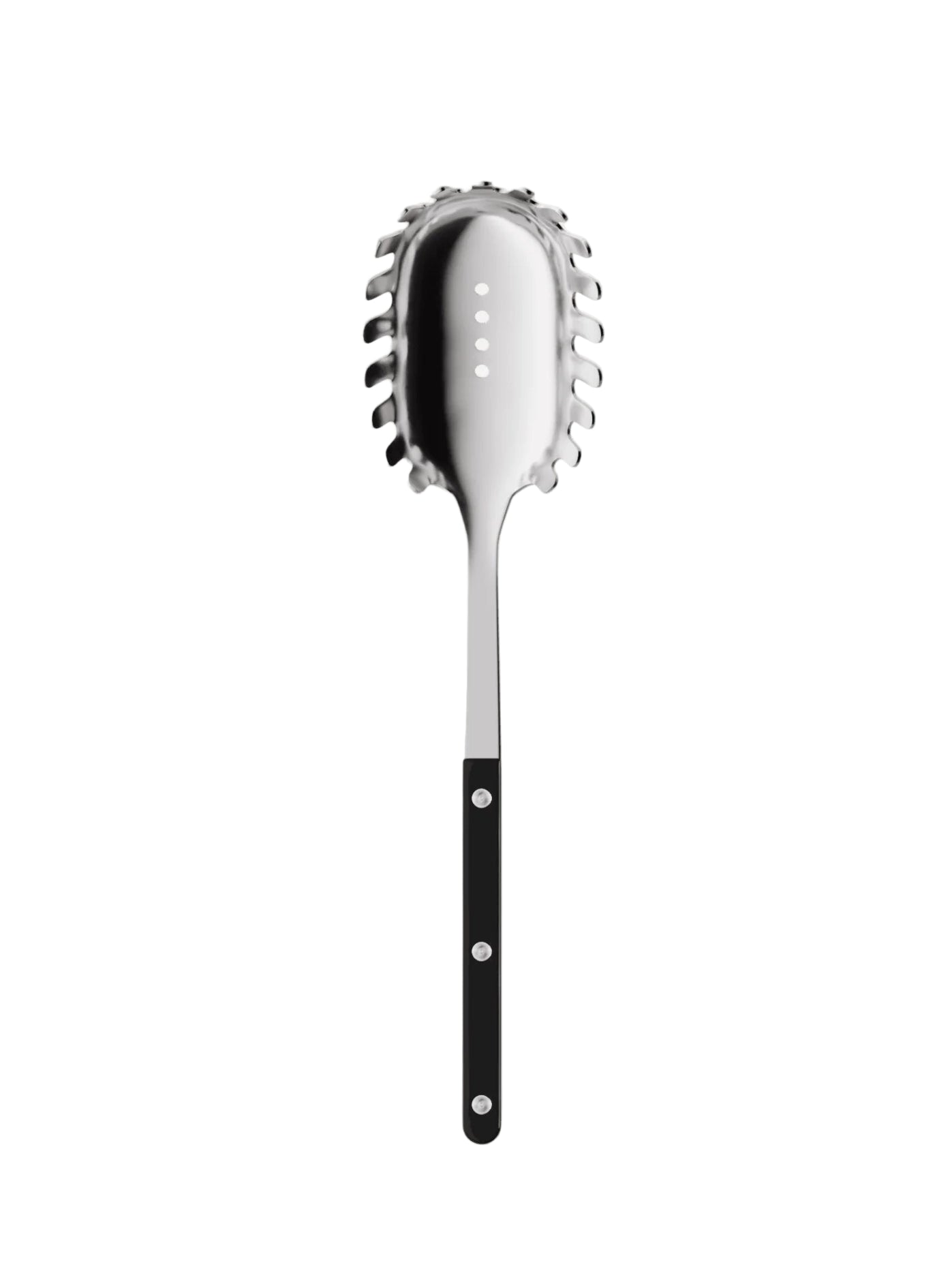 Metallic pasta server with black handle on a white background