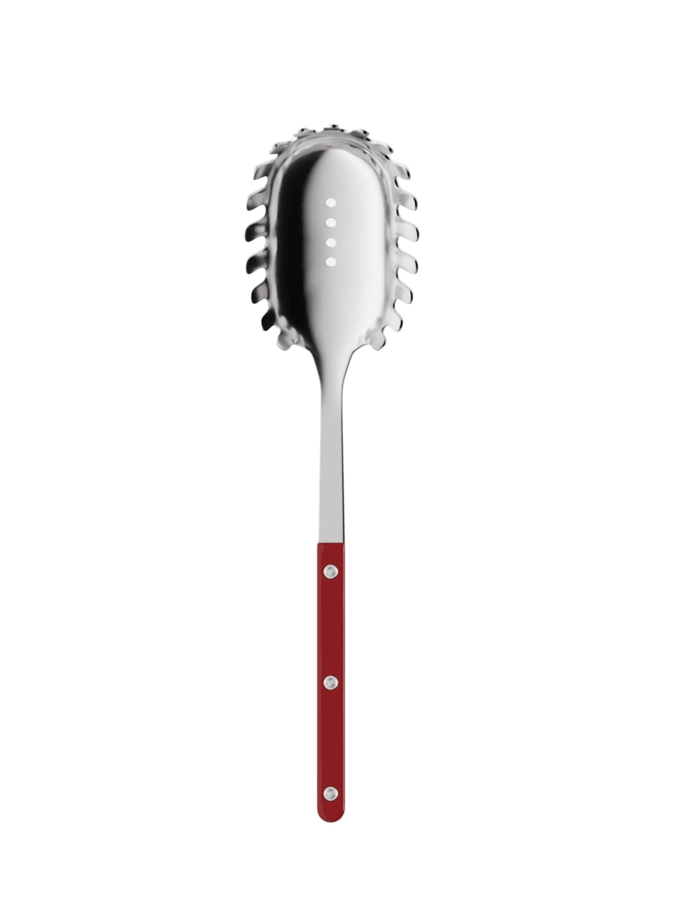 Metallic pasta server with a red handle on a white background