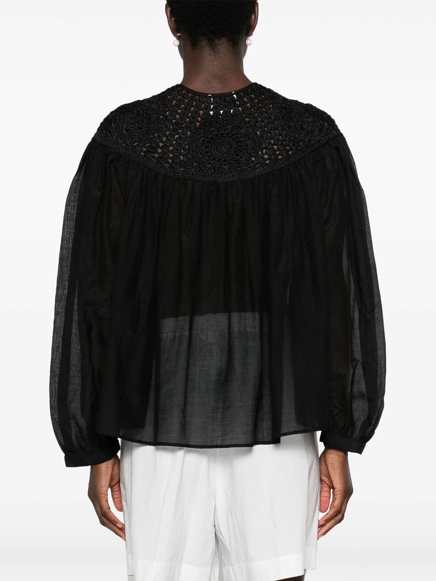 Cotton silk voile bohemian shirt crochet details, black