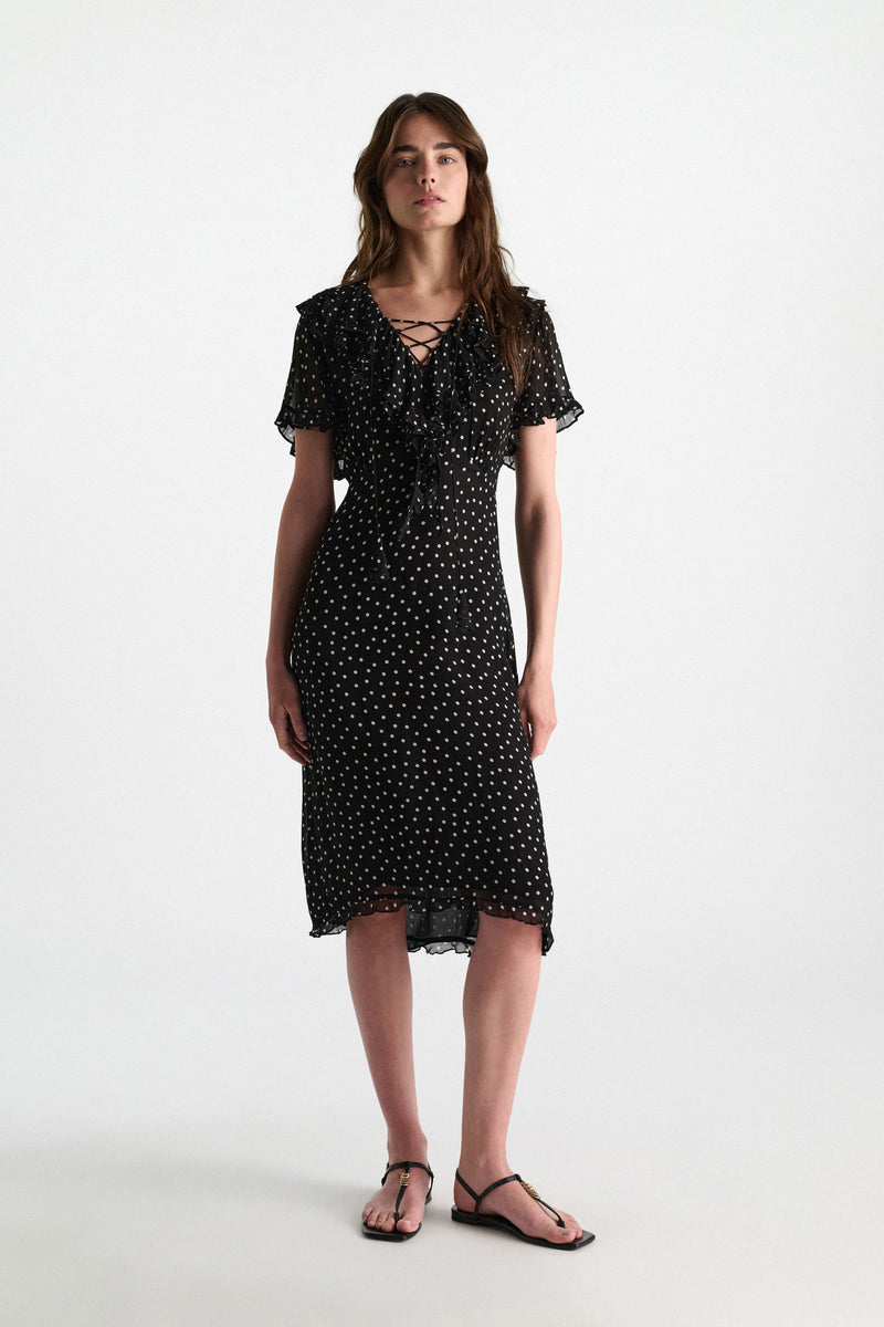 Polka dot dress in viscose georgette, black-white
