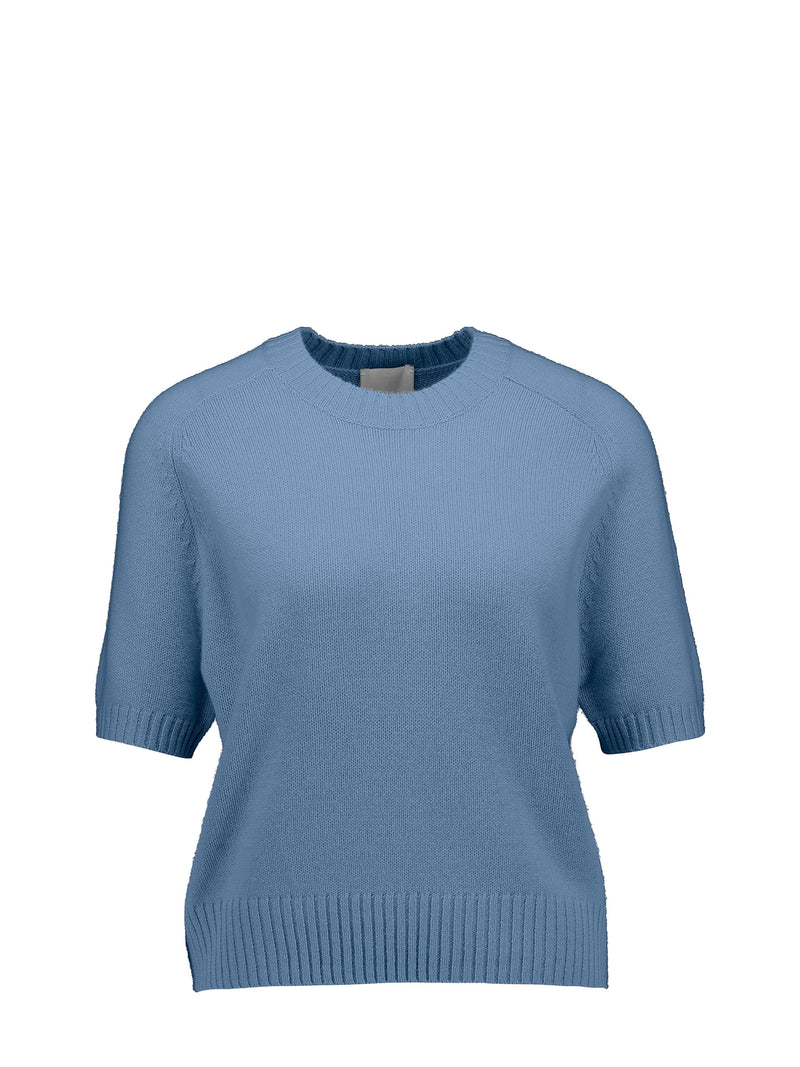 A light blue short-sleeve knit sweater with a crew neck and ribbed hem, displayed on a clean white background.
