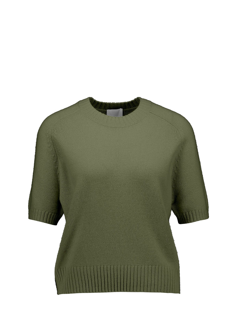 An olive green short-sleeve knit sweater with a crew neck and ribbed hem, displayed on a clean white background.