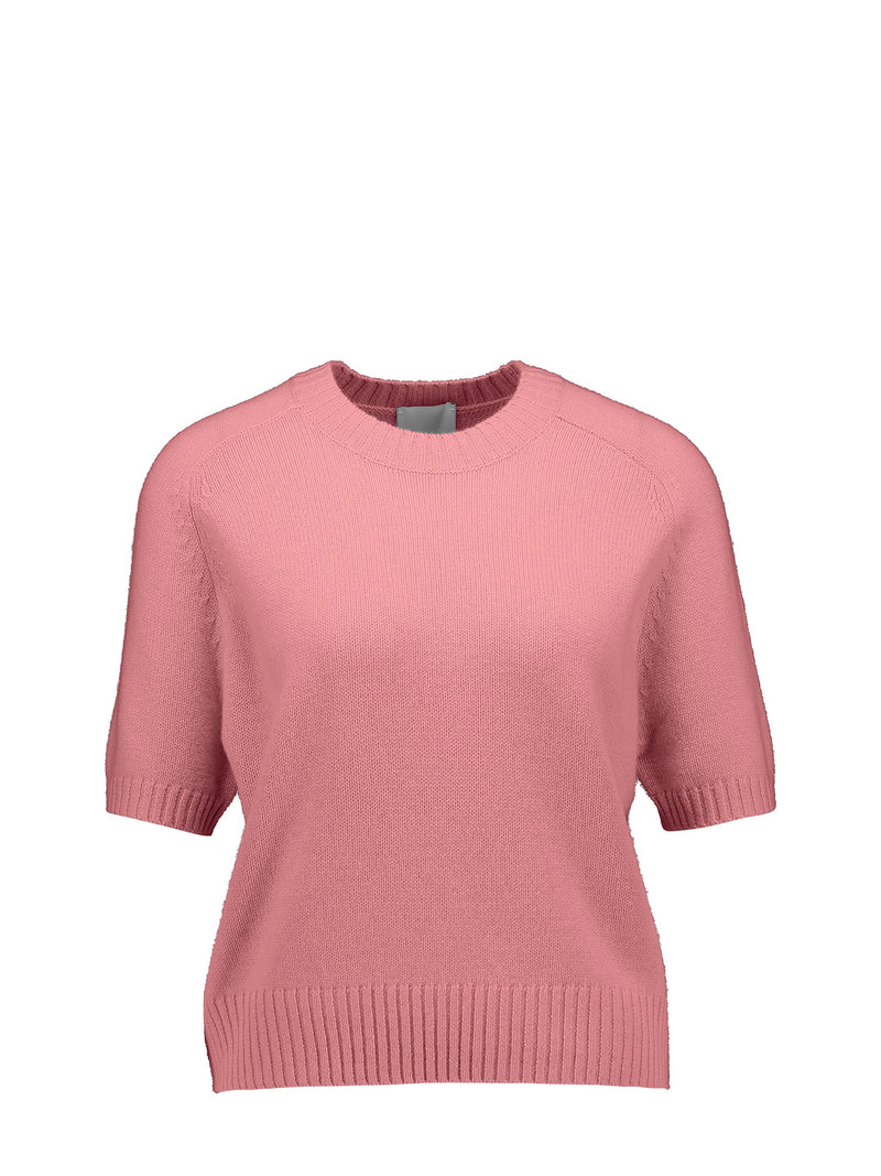 A dusty pink short-sleeve knit sweater with a crew neck and ribbed hem, displayed on a clean white background.