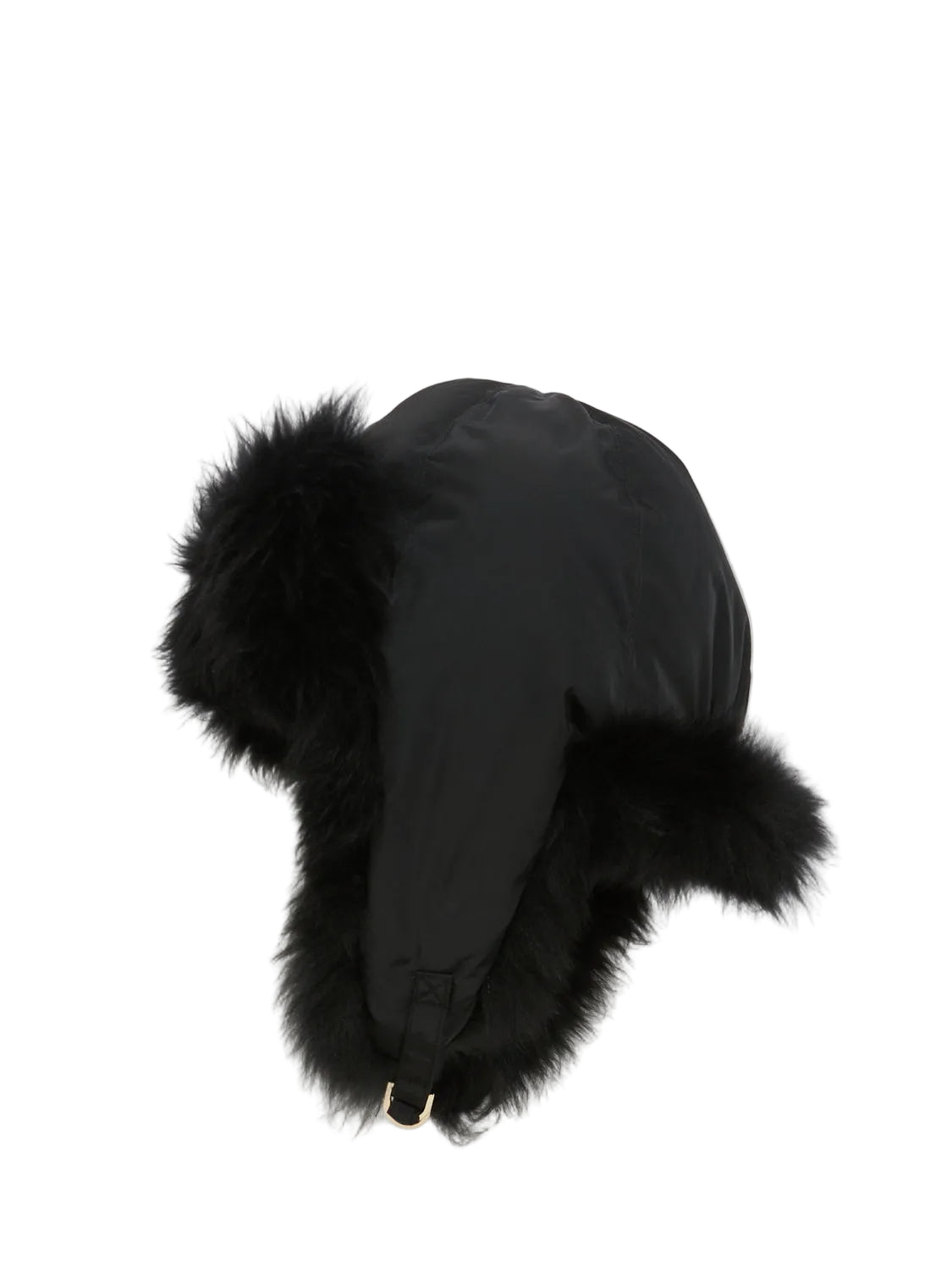 Black winter hat with fur trim on a white background