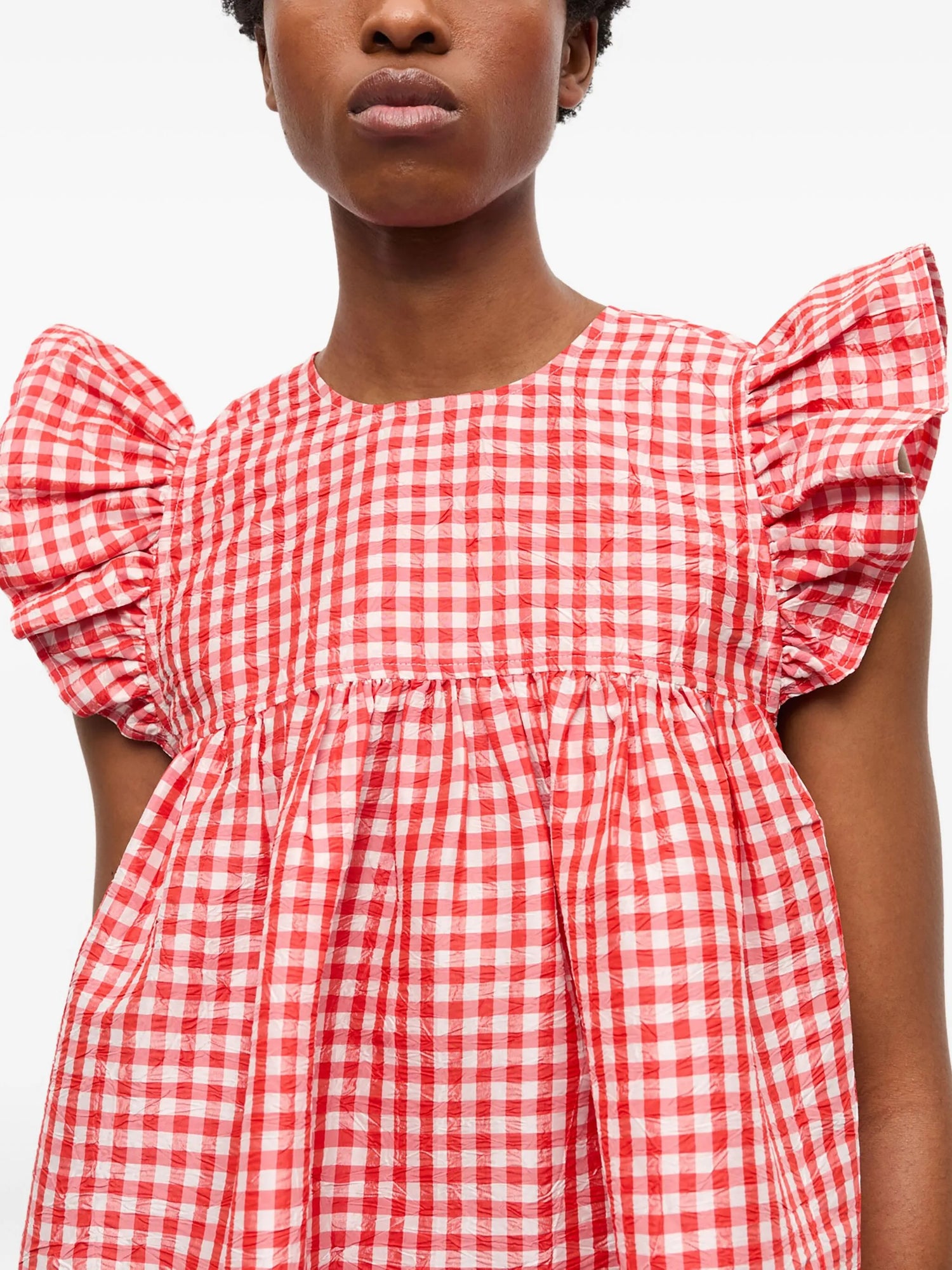 Crinkled Taffeta Check Frill Mini Dress
