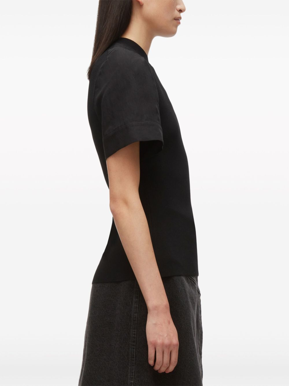 COMPACT RIB SS TOP W COMBO SLEEVE, black