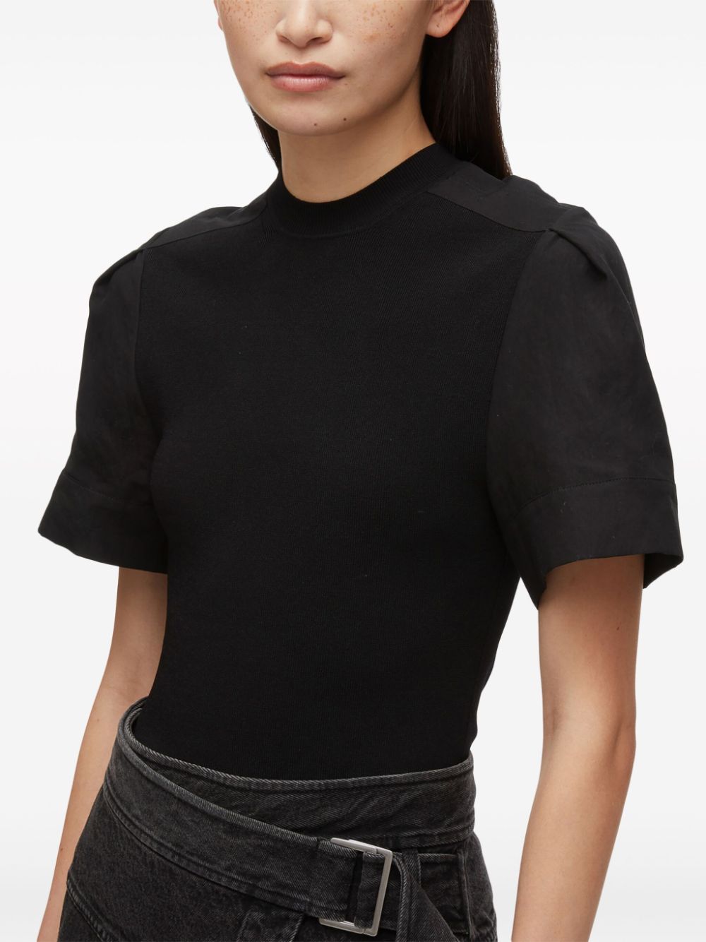 COMPACT RIB SS TOP W COMBO SLEEVE, black