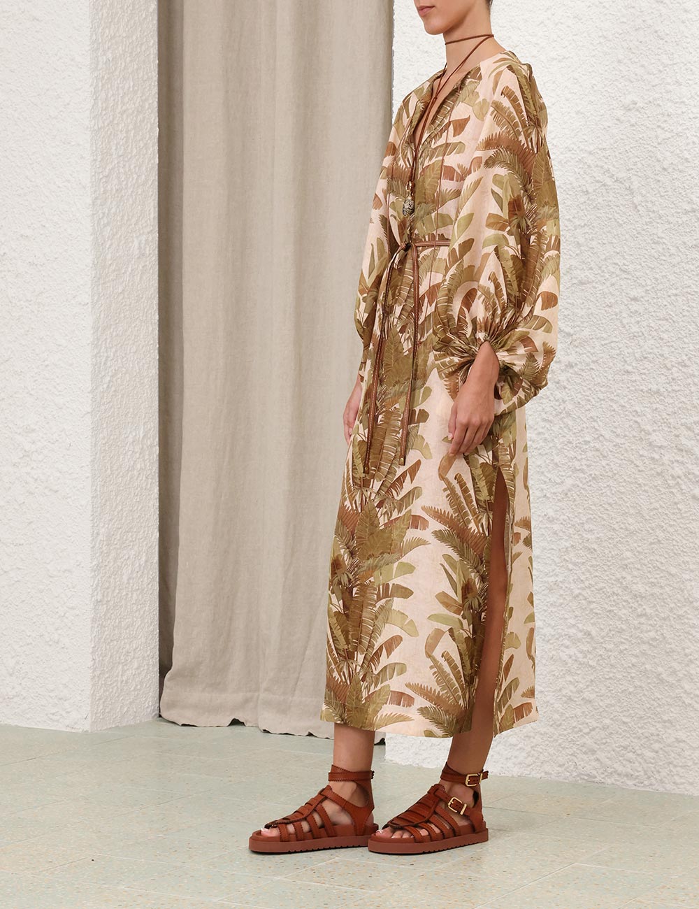 Ascension Midi Linen Dress, green palm print