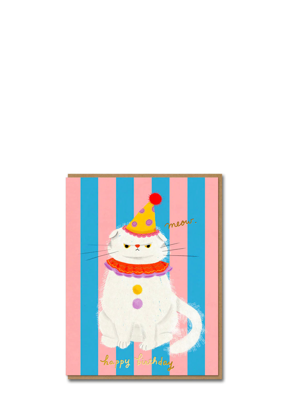 Card with a cartoon cat in a birthday hat on a striped background