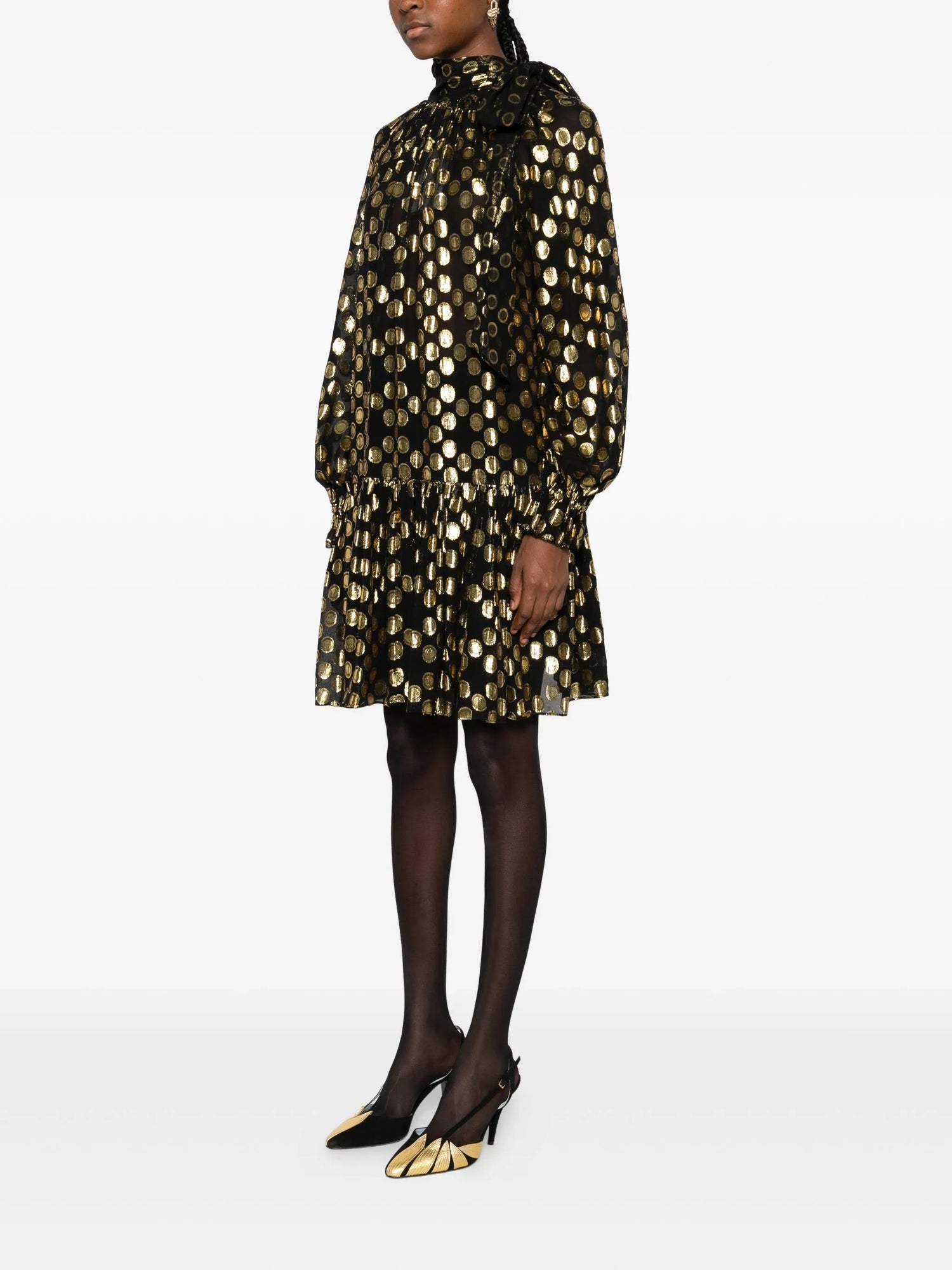 Loretta silk long sleeve minidress, black-gold