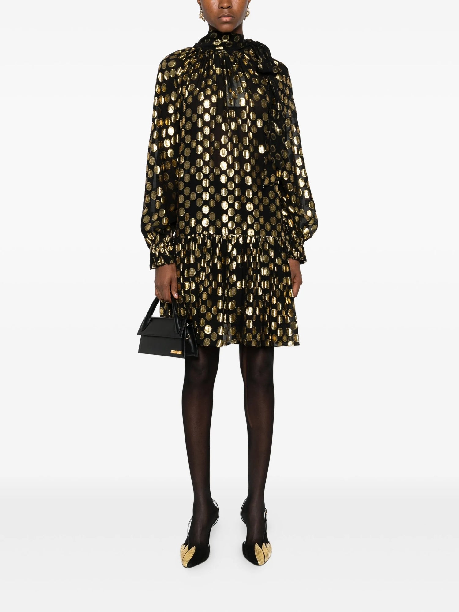 Loretta silk long sleeve minidress, black-gold