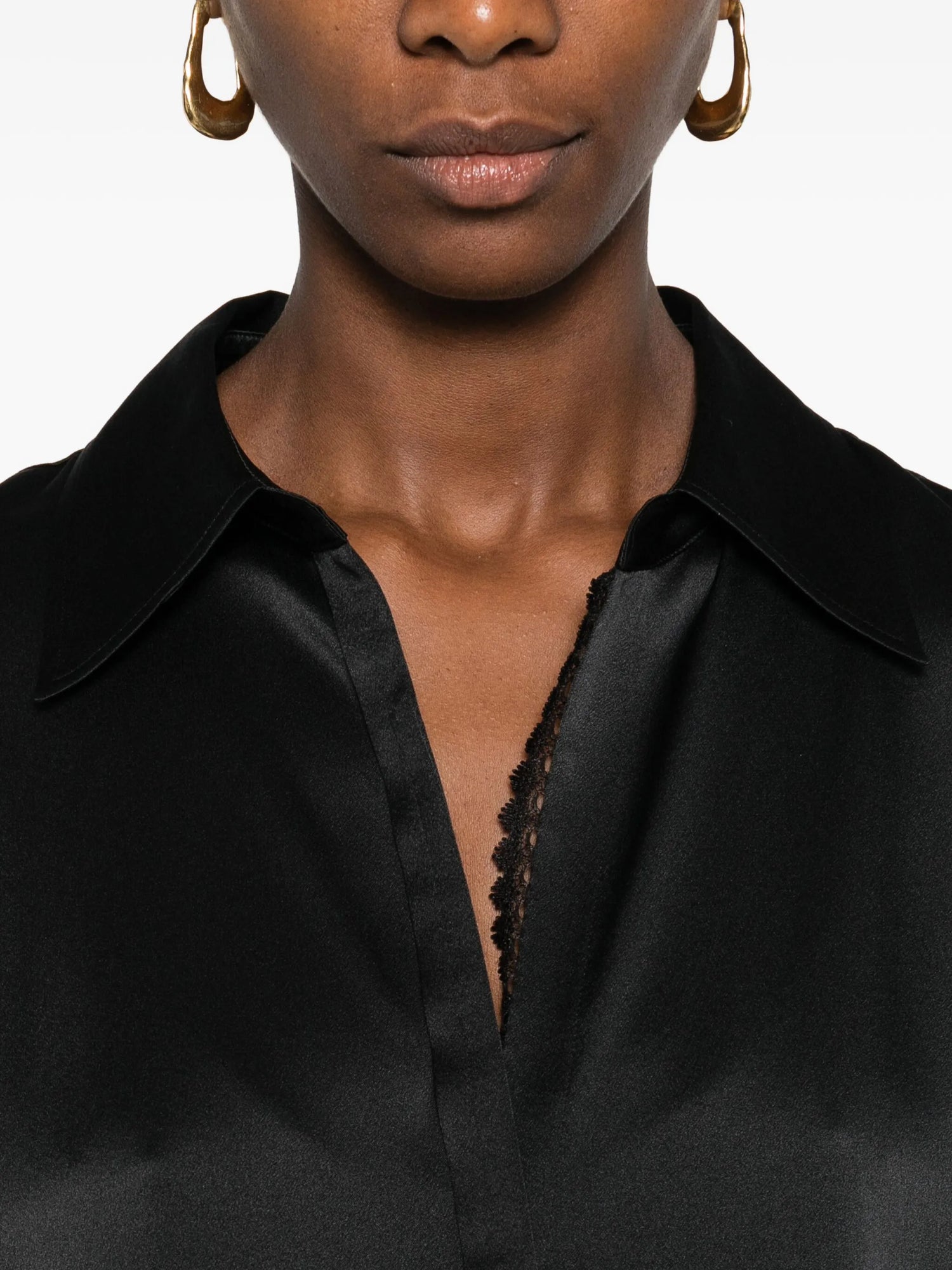 Lace Trim Silk Relaxed Shirt, black