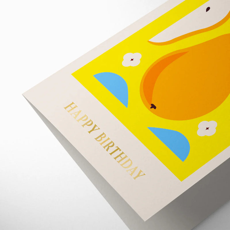 Greeting card with a pear illustration and 'Happy Birthday' text on a yellow background
